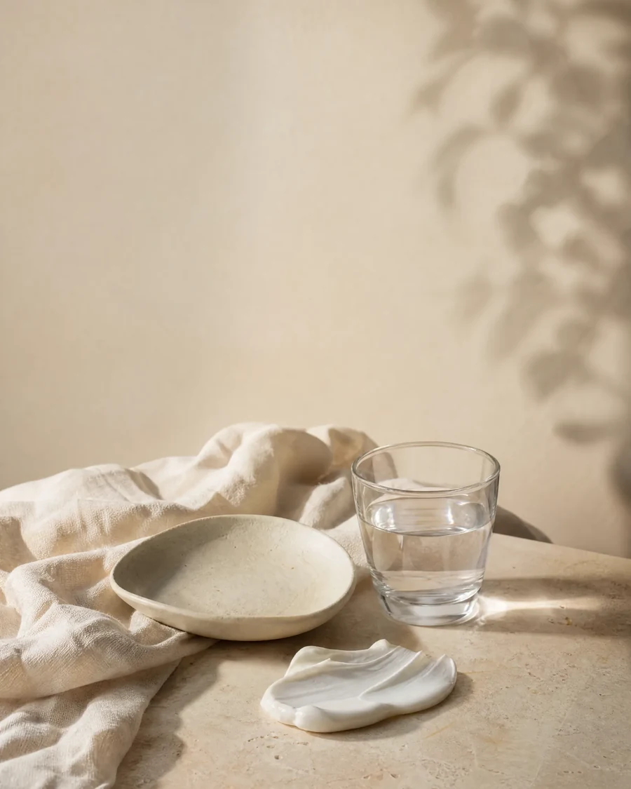 Naturaleza muerta vertical de una rutina de mañana: un plato de cerámica, un vaso de agua y una textura de crema sobre piedra clara, con lino crema y luz de ventana.