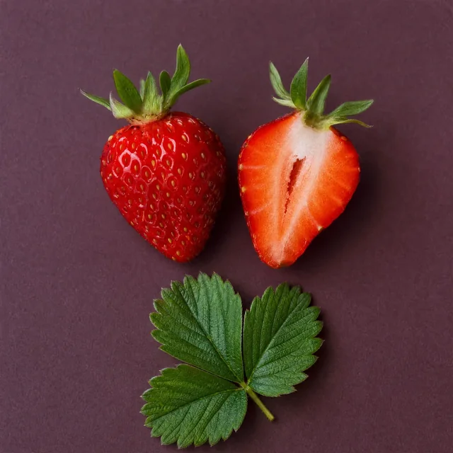 Una frutilla entera y otra cortada al medio