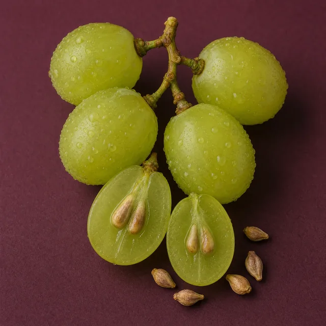 Uvas verdes cortadas al medio, con sus semillas